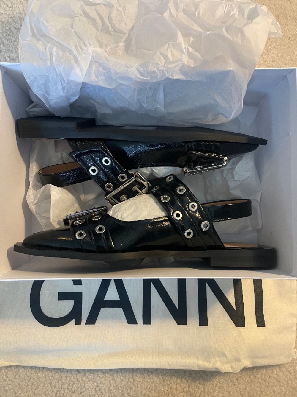 Ganni Feminine Buckle Ballerinas in Black